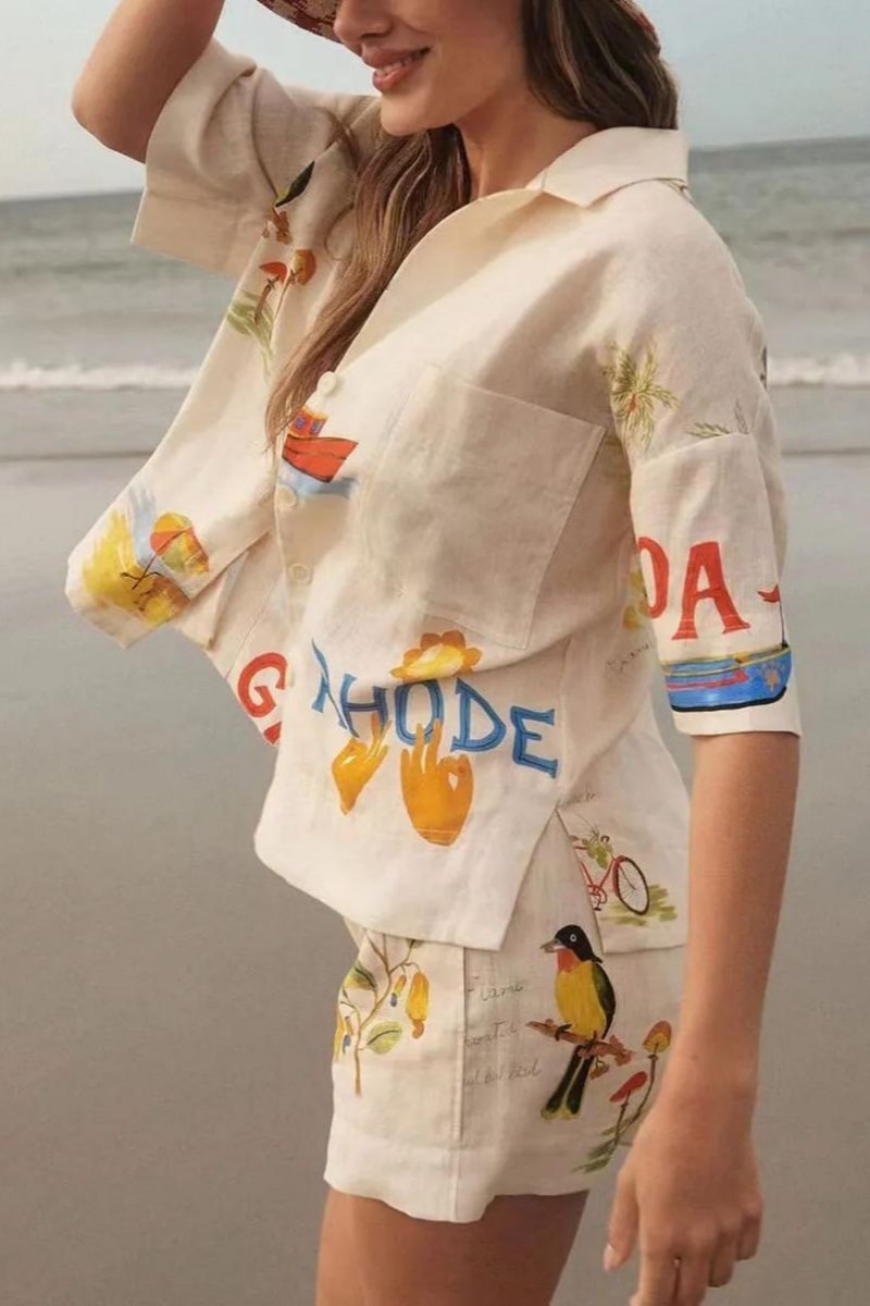 Unique Holiday Folk Floral Print Loose Shorts Two-Piece Set-ROVOLE