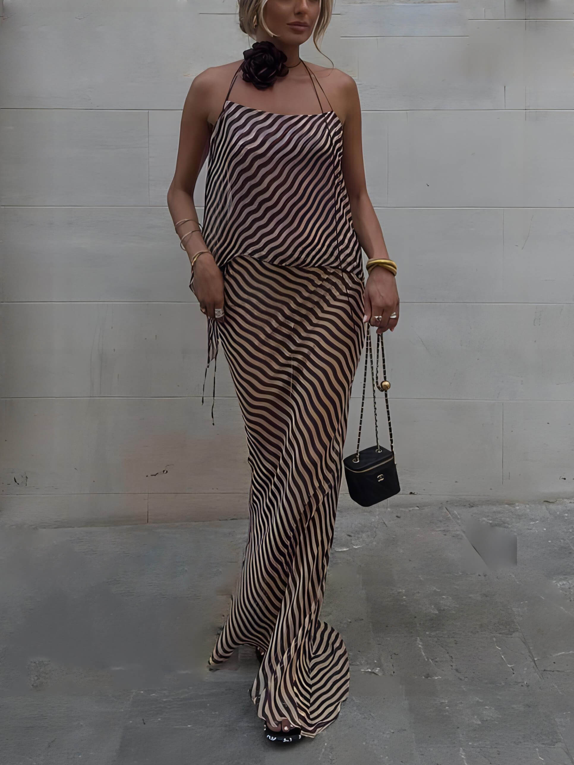 Callistari Striped Sexy Slim Fit Halter Top And Skirt Two-Piece Set-CALLISTARI