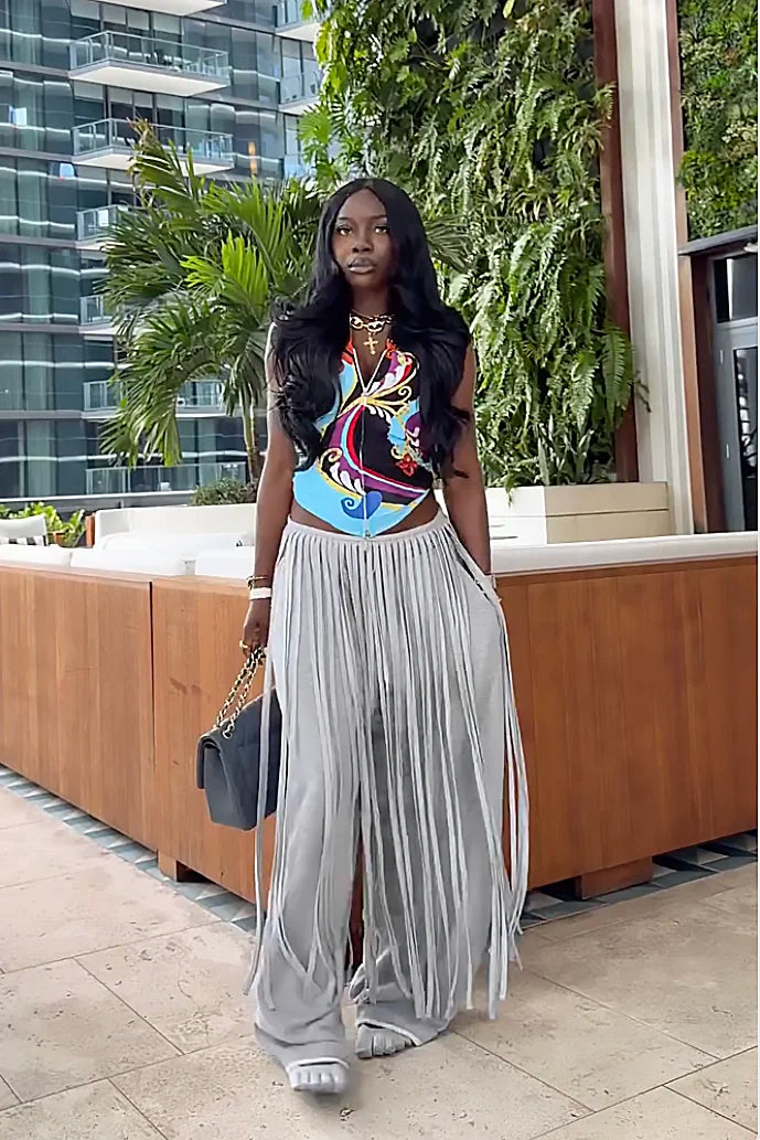 Grey Loose Fringe Pants-ROVOLE
