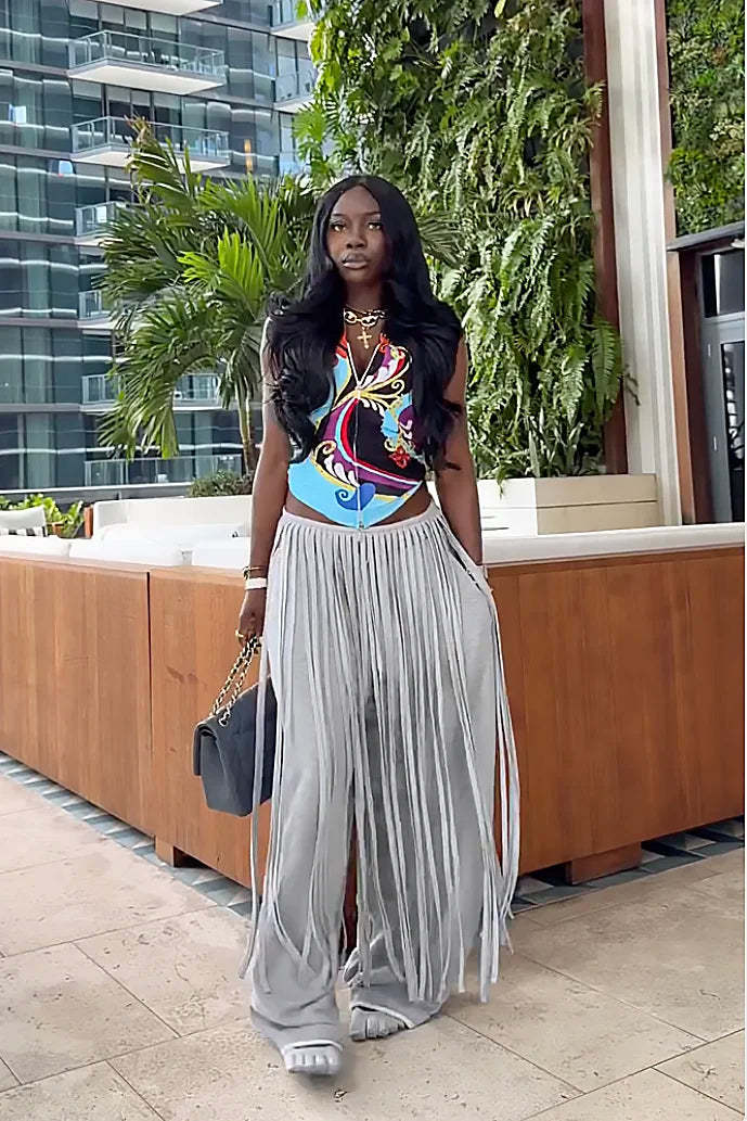 Grey Loose Fringe Pants-ROVOLE