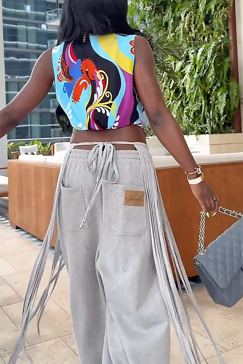 Grey Loose Fringe Pants-ROVOLE