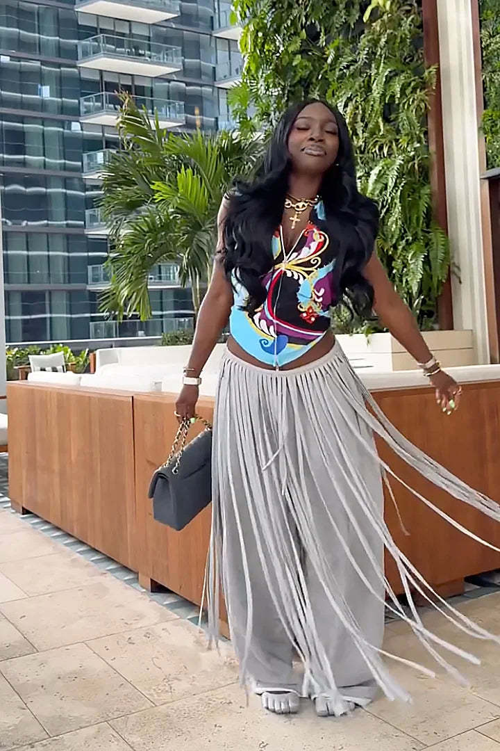 Grey Loose Fringe Pants-ROVOLE