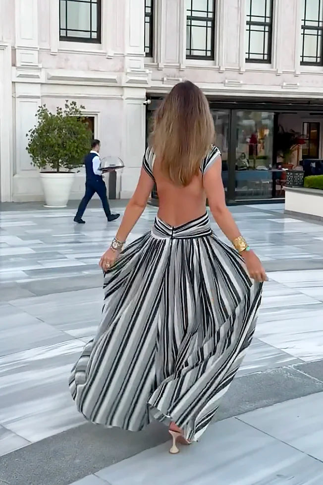 Black-and-White Stripe Tulle Dress-ROVOLE