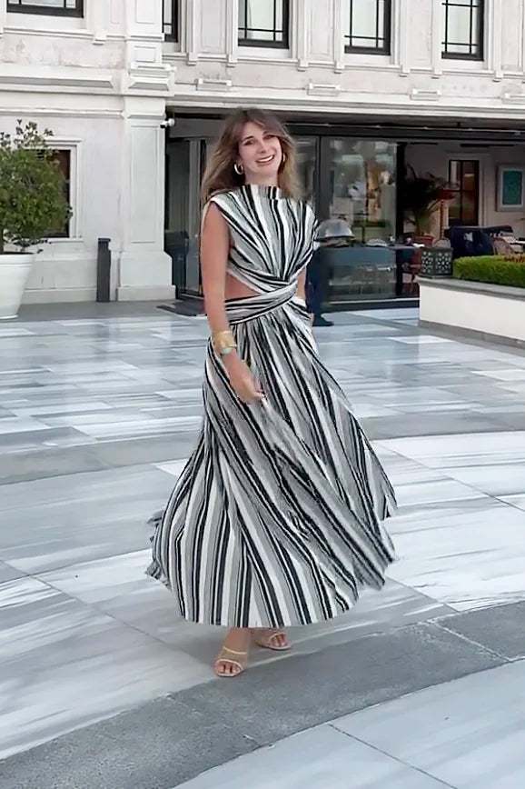 Black-and-White Stripe Tulle Dress-ROVOLE