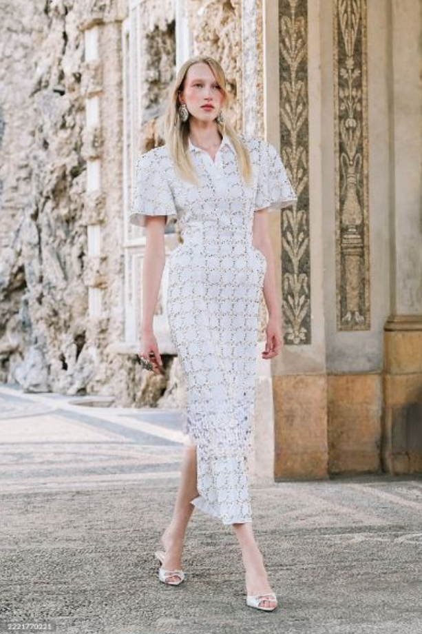 White Lace Midi Dress with Shirt Collar-ROVOLE