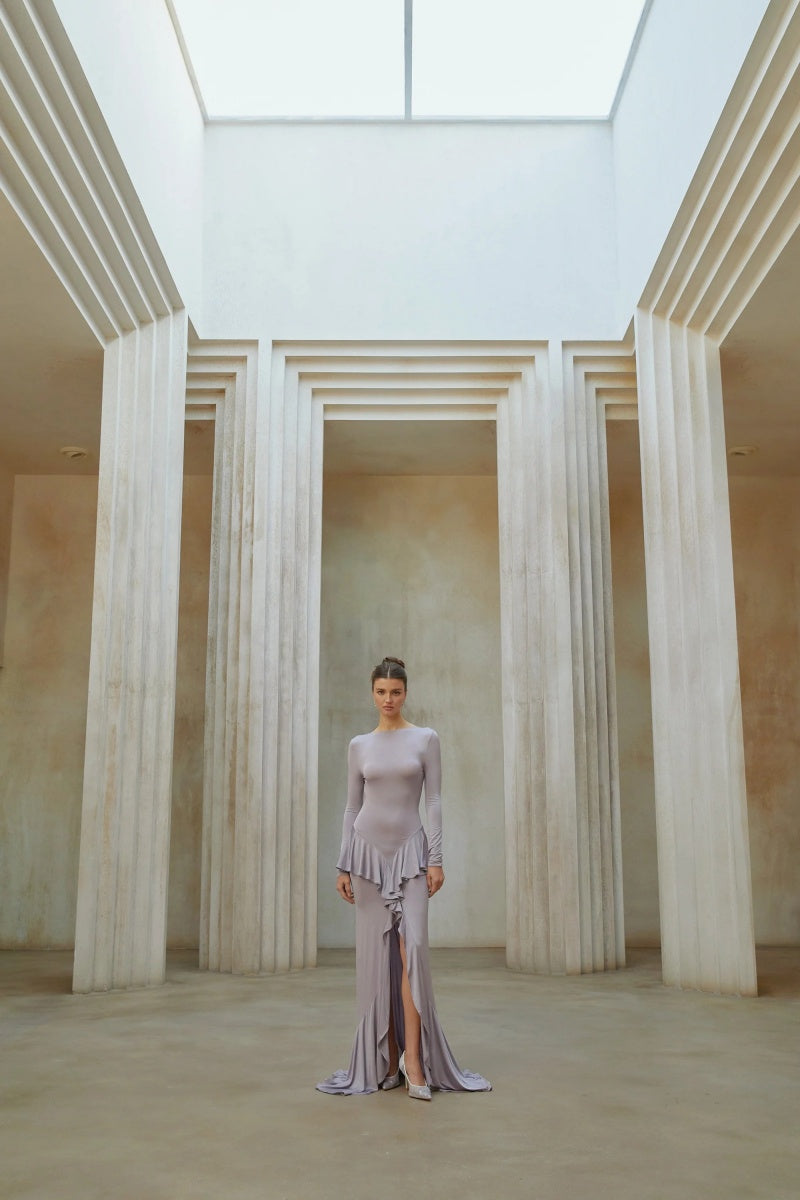 Xenia Purple Ruffle Detail Maxi Dress-ROVOLE