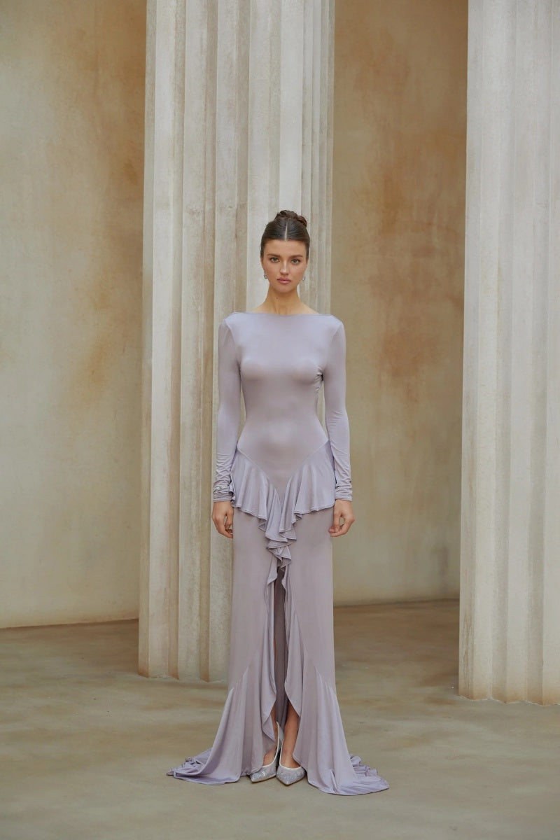 Xenia Purple Ruffle Detail Maxi Dress-ROVOLE