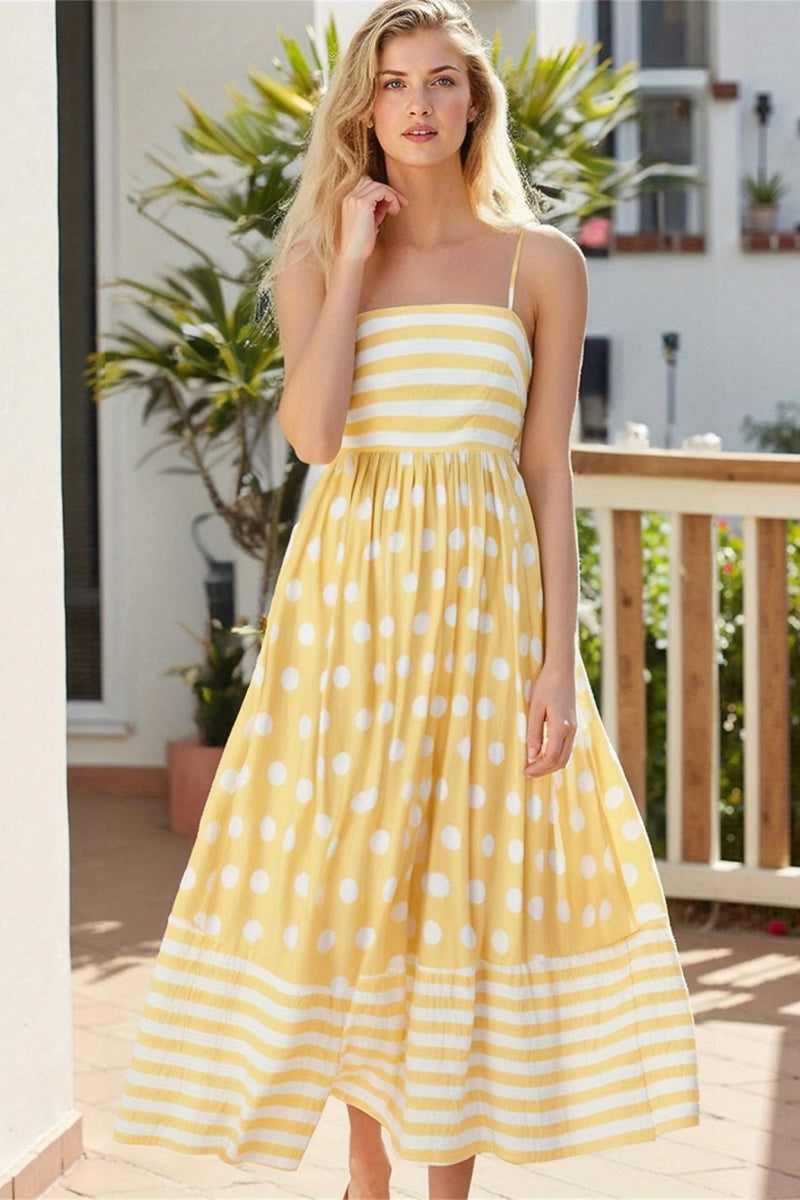 Polka Dot Square Neck Cami Midi  Dress-ROVOLE