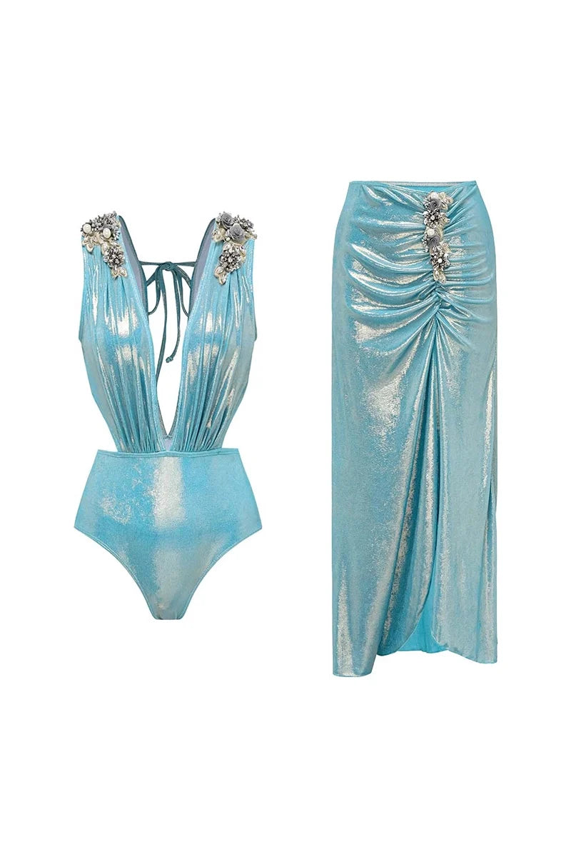 3D Butterfly Blue Glossy Swimsuit Set-ROVOLE