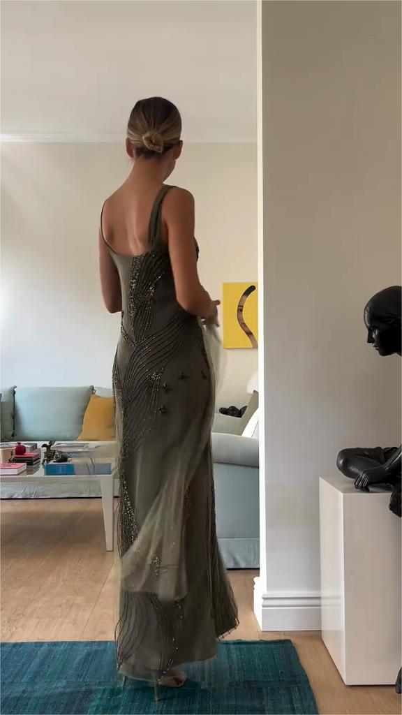 Embellished Olive - Green Evening Gown-ROVOLE