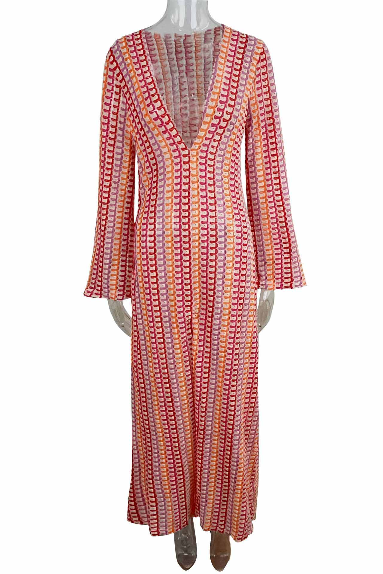 Boho V Neck Bell Sleeve Wavy Striped Crochet Beach Vacation Maxi Dress-ROVOLE