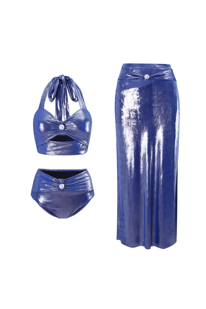 Glossy Mist Deep V Halter Pearl Swimsuit-ROVOLE