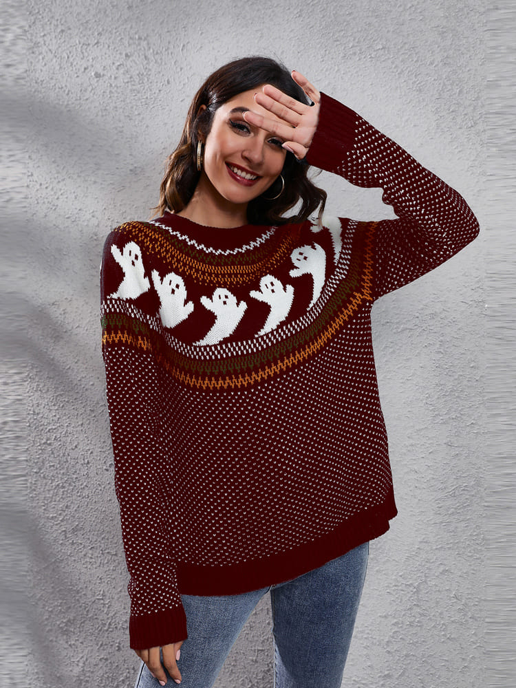 Literary Retro Ghost Pattern  Round Neck Knitted Sweater-ROVOLE