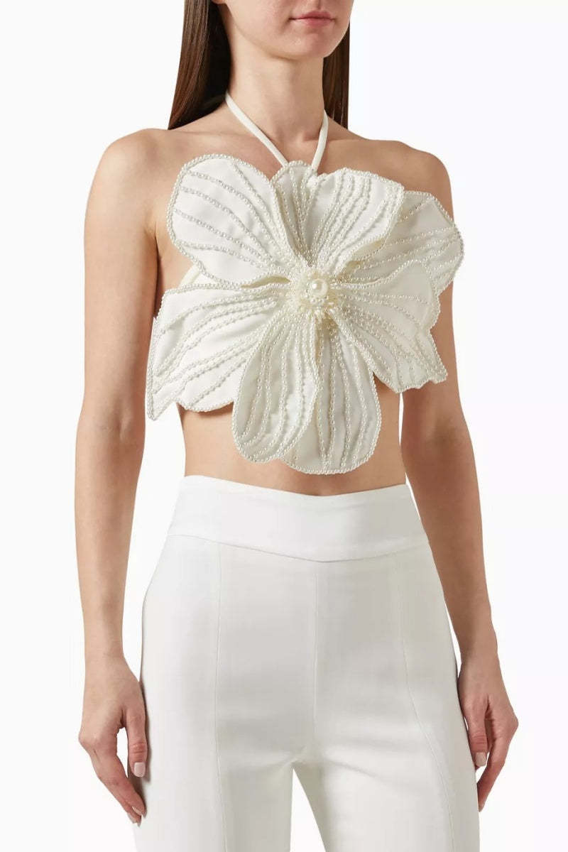 Flowers Pearl Embellished Top-ROVOLE