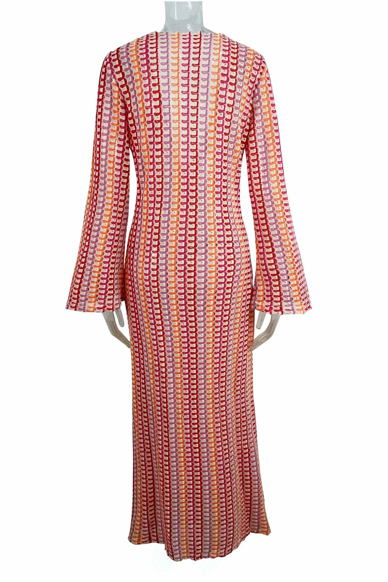 Boho V Neck Bell Sleeve Wavy Striped Crochet Beach Vacation Maxi Dress-ROVOLE