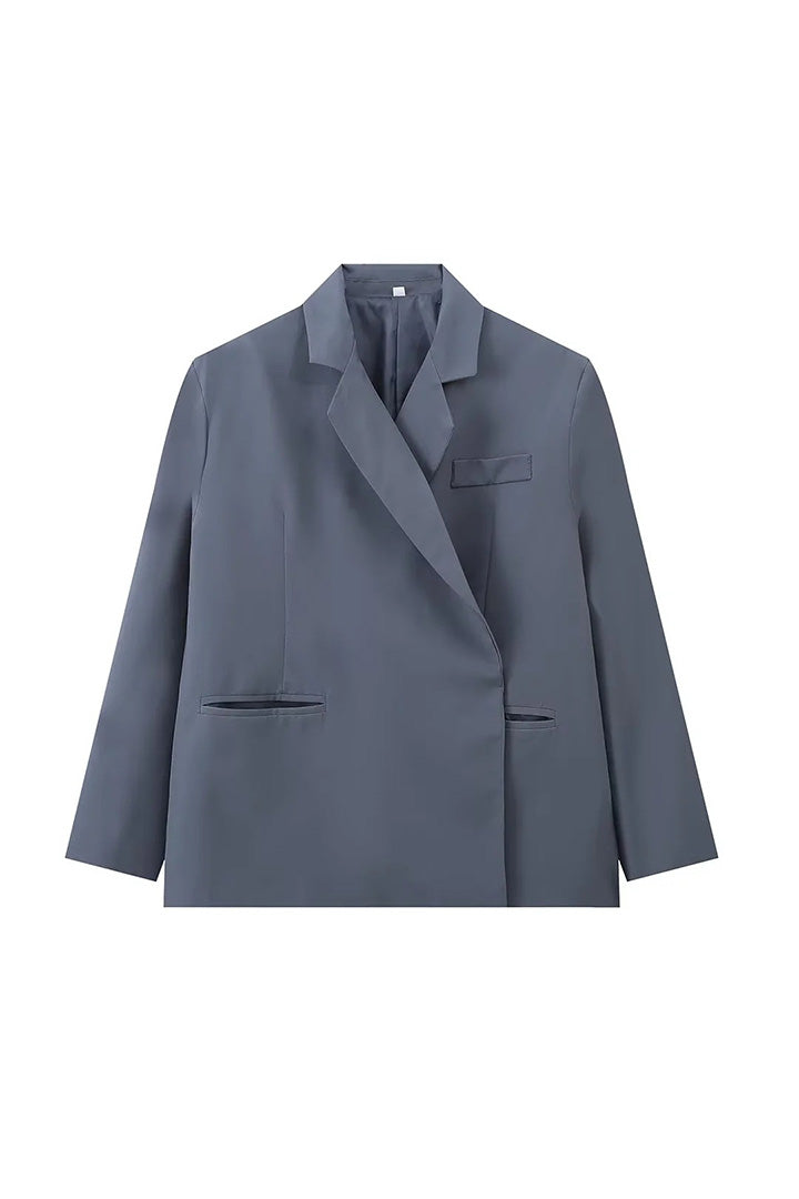 Oversized Side Slit Blazer Steel Blue-ROVOLE