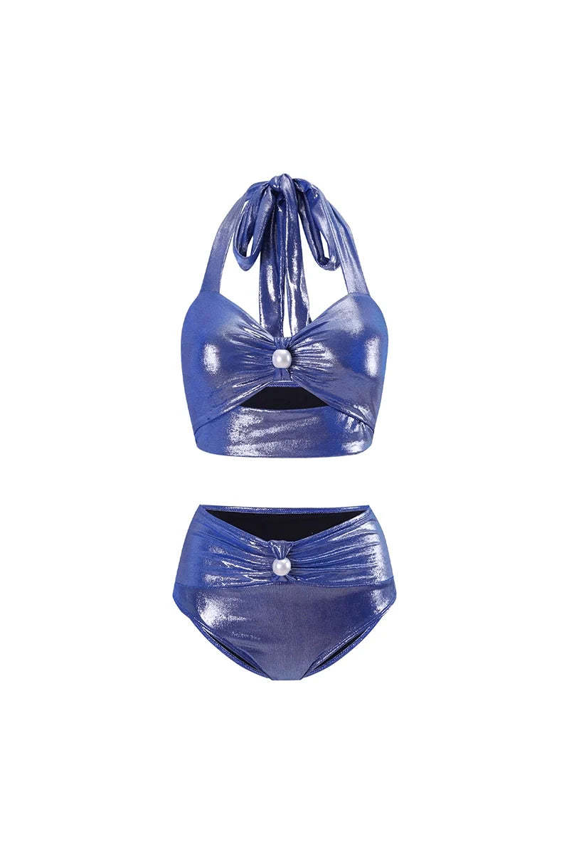 Glossy Mist Deep V Halter Pearl Swimsuit-ROVOLE