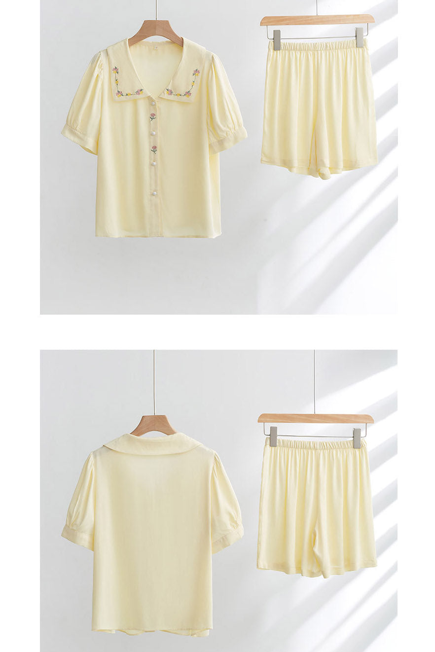 Satin Rose Embroidery Sleepwear Set-ROVOLE