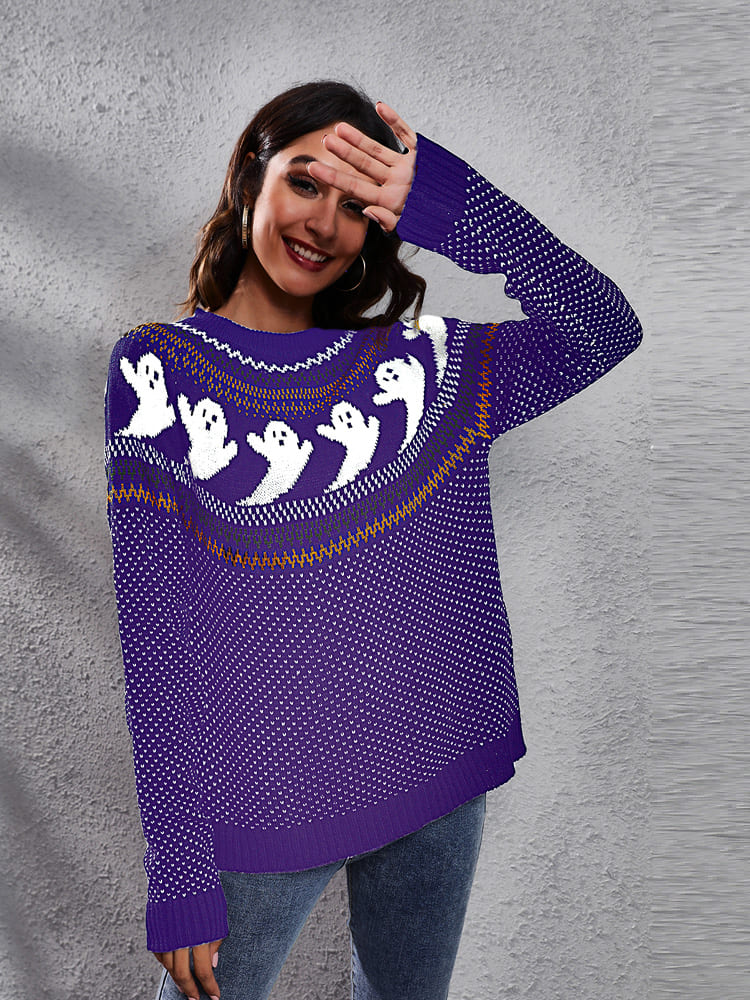 Literary Retro Ghost Pattern  Round Neck Knitted Sweater-ROVOLE