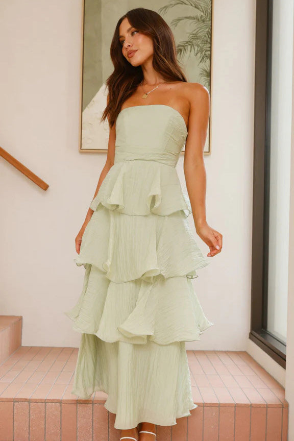 Sexy Chic Strapless Backless Tiered Midi Dress-ROVOLE