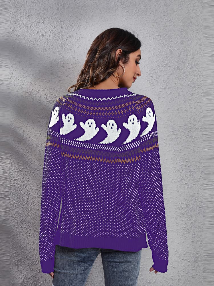 Literary Retro Ghost Pattern  Round Neck Knitted Sweater-ROVOLE