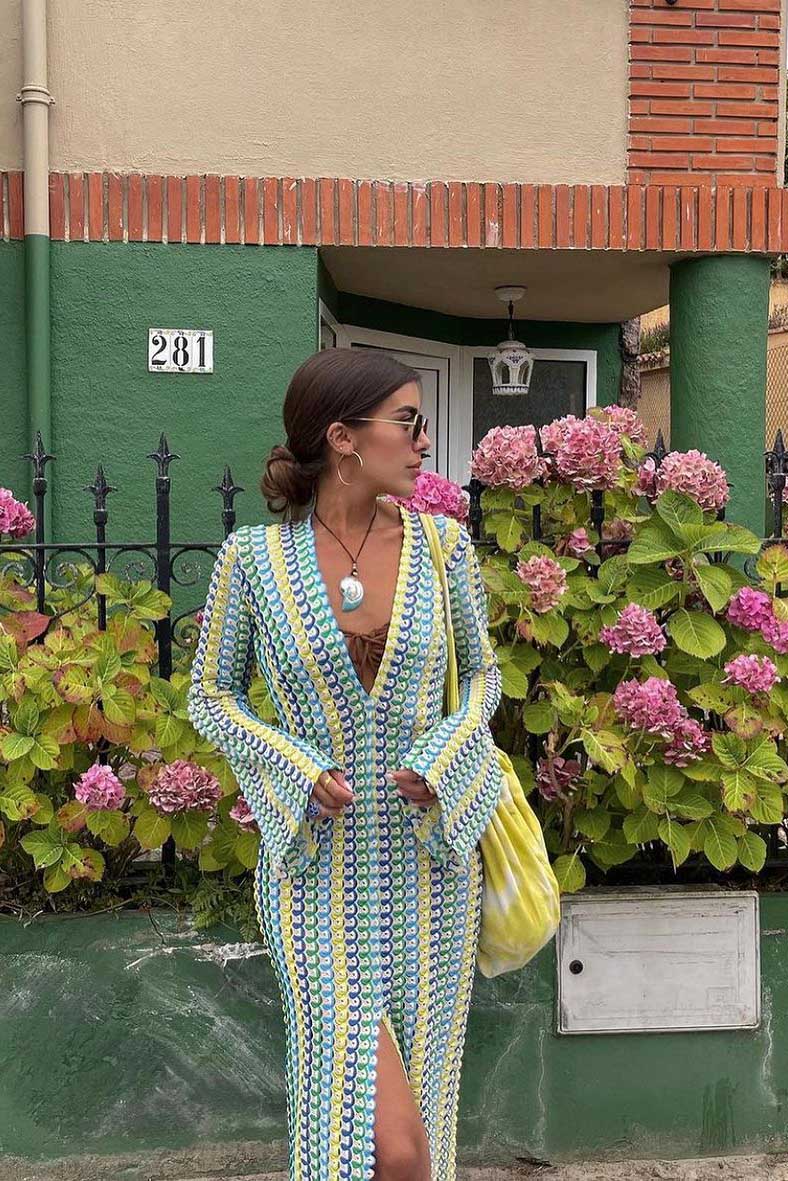 Boho V Neck Bell Sleeve Wavy Striped Crochet Beach Vacation Maxi Dress-ROVOLE