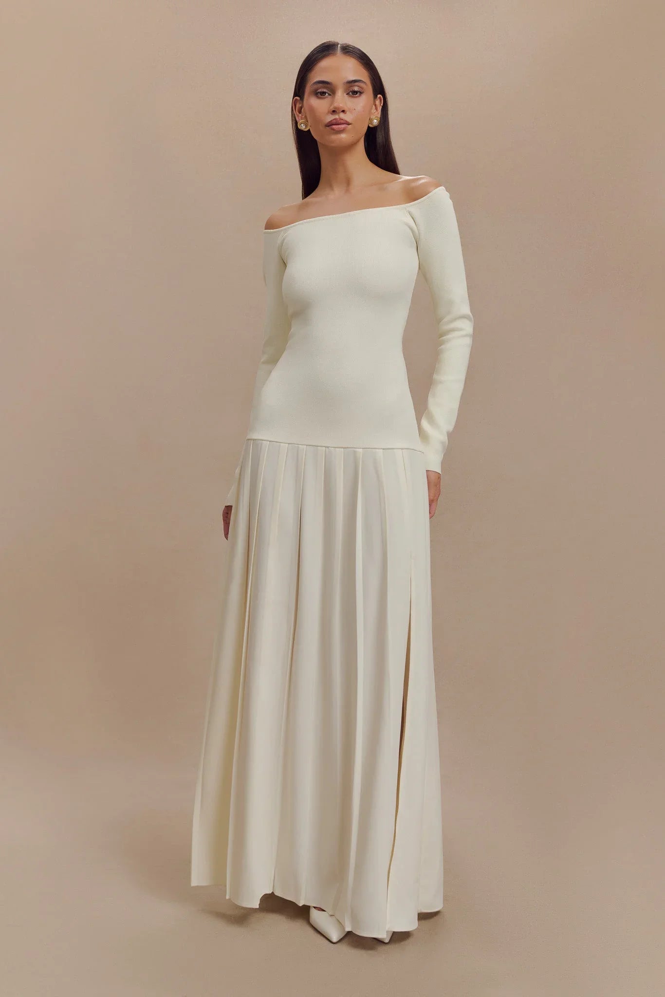 Knit Off Shoulder Maxi Dress - Ivory-ROVOLE