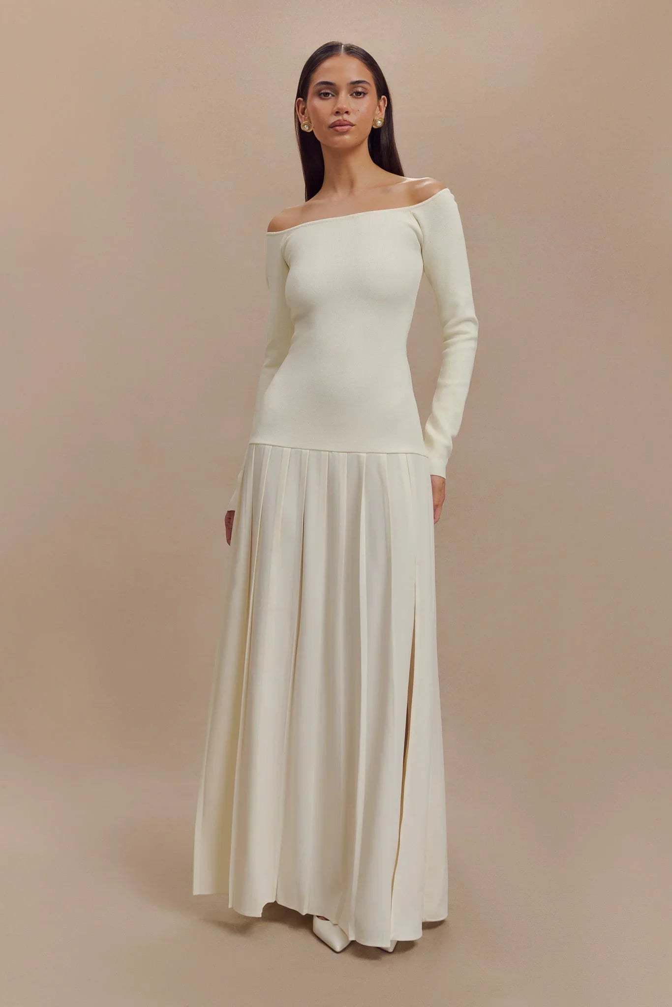 Knit Off Shoulder Maxi Dress - Ivory-ROVOLE
