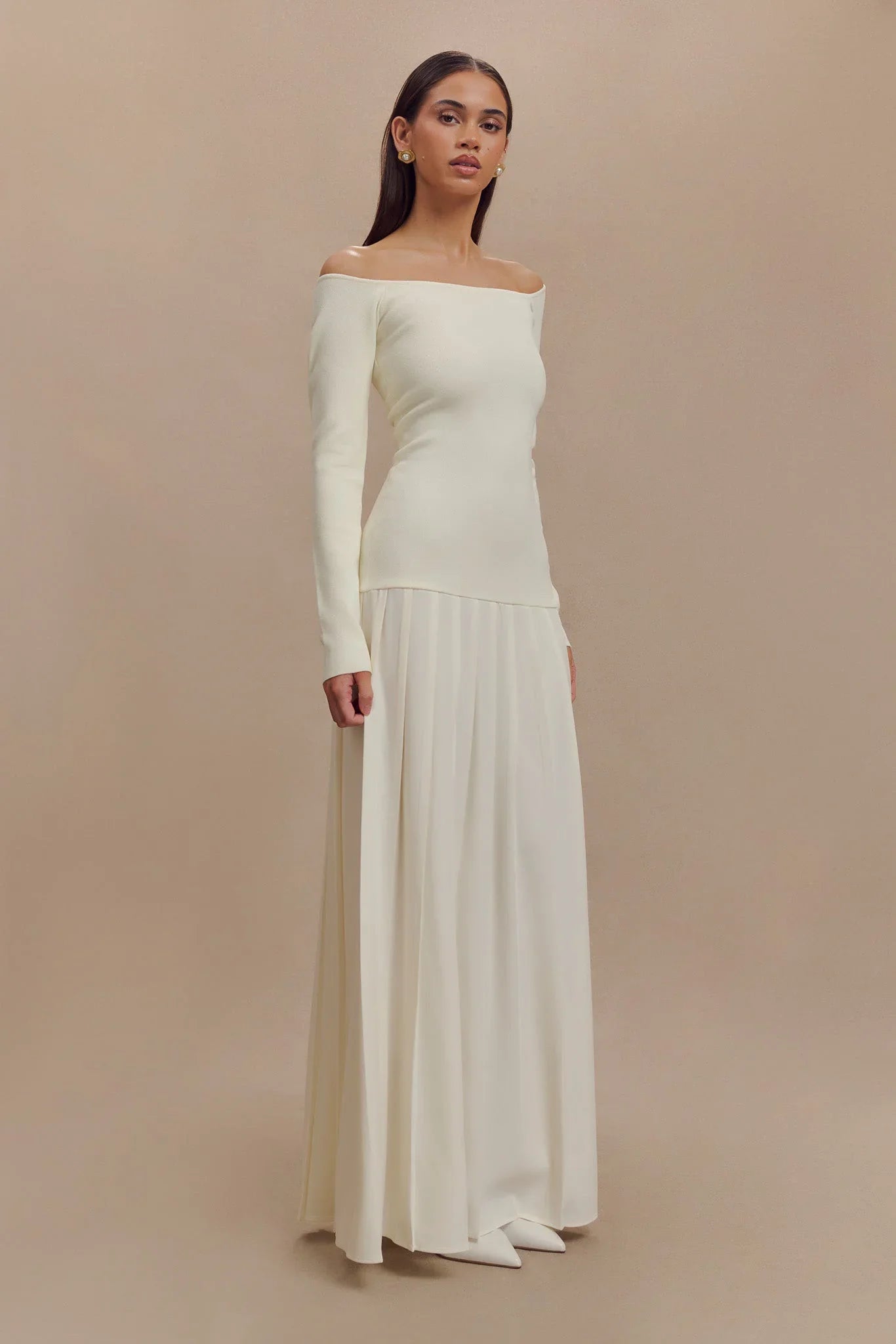 Knit Off Shoulder Maxi Dress - Ivory-ROVOLE