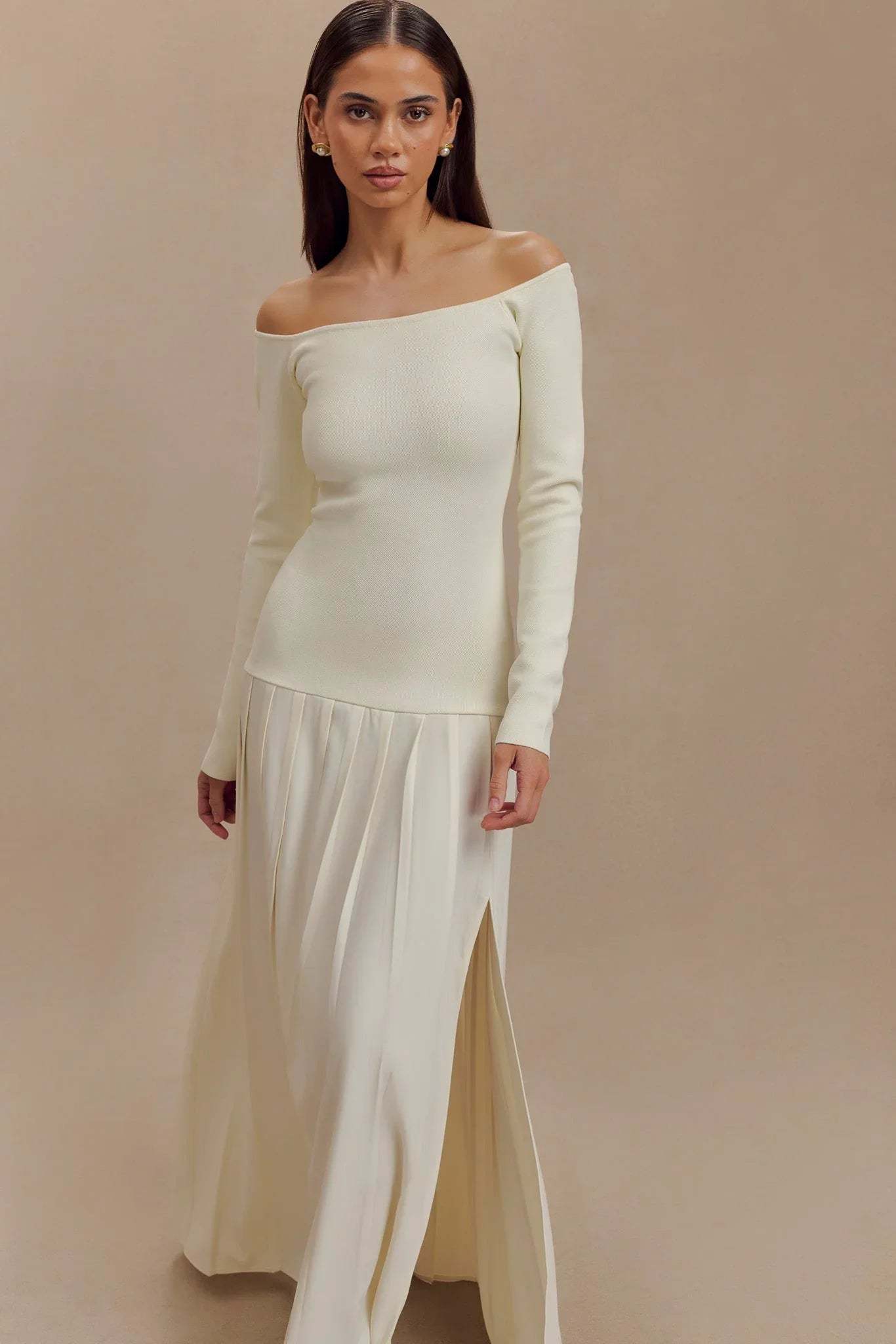 Knit Off Shoulder Maxi Dress - Ivory-ROVOLE