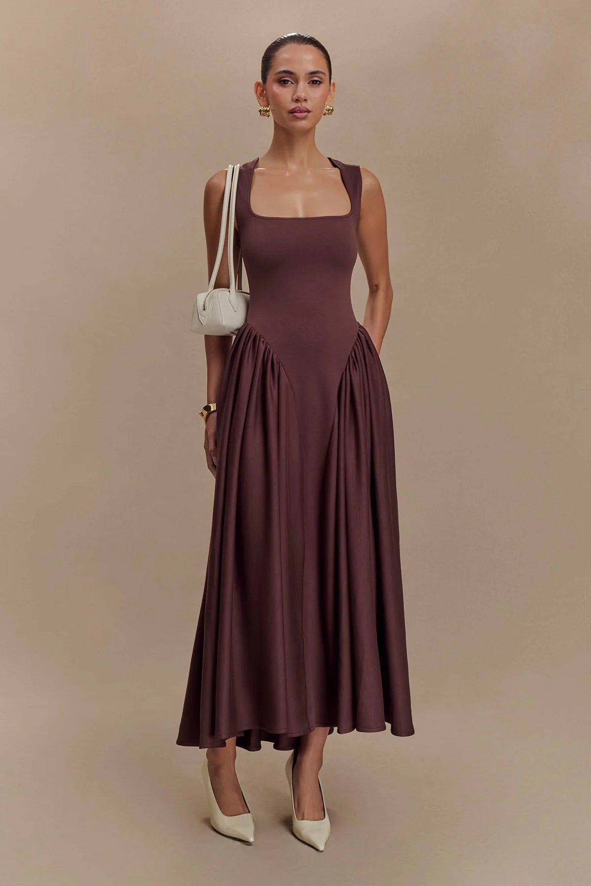 SHARON Midi Dress - Cacao Brown-ROVOLE
