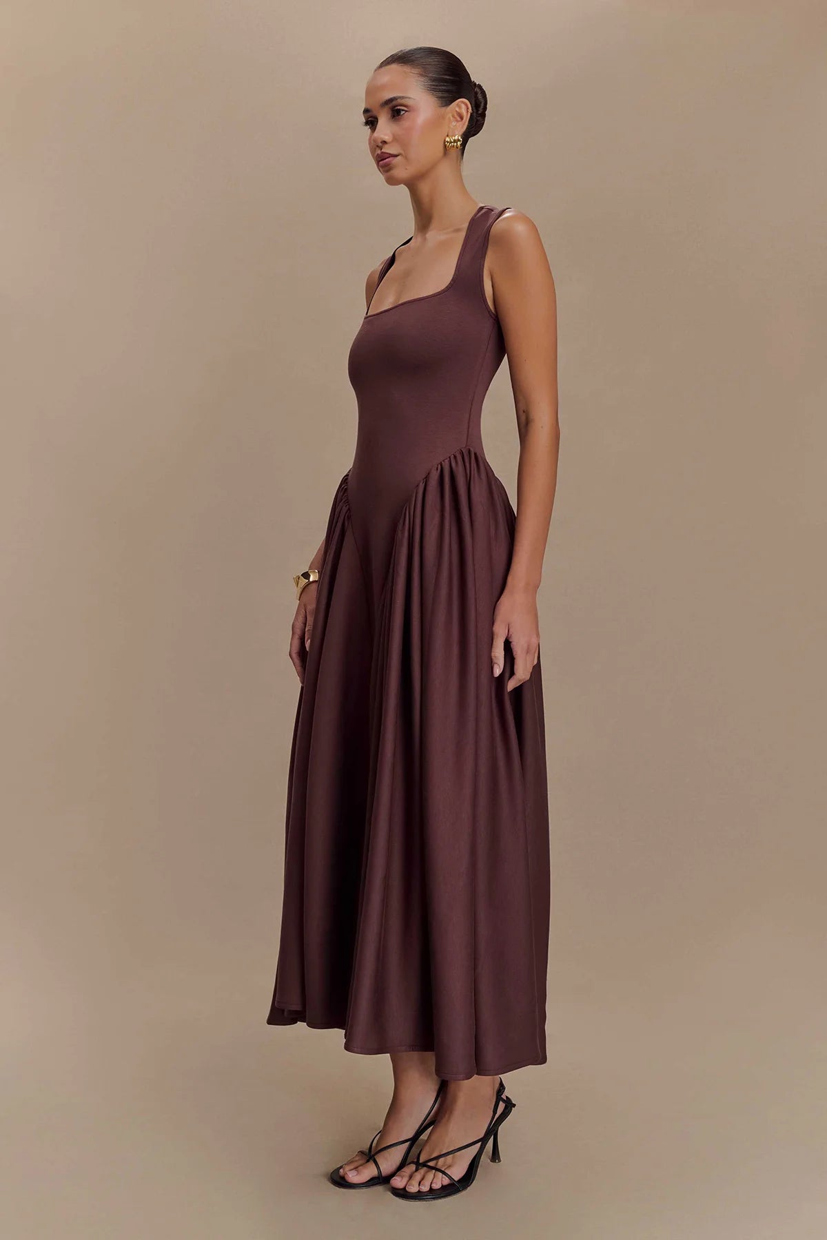 SHARON Midi Dress - Cacao Brown-ROVOLE