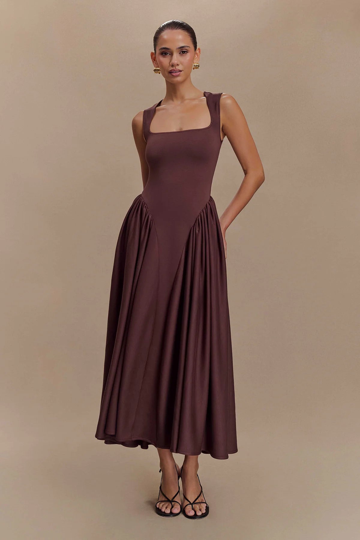 SHARON Midi Dress - Cacao Brown-ROVOLE