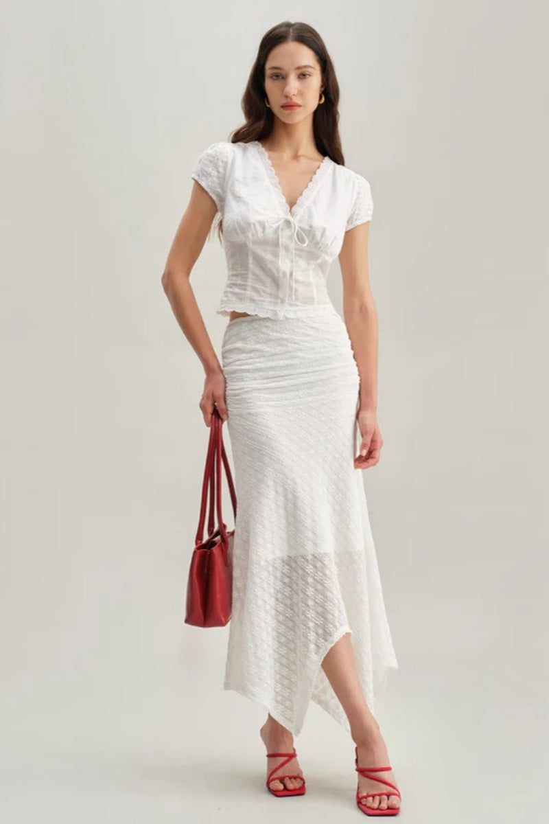 White Textured Cap Sleeve Top-ROVOLE