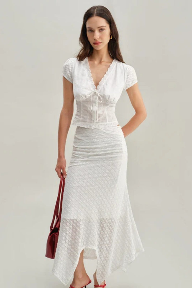 White Textured Cap Sleeve Top-ROVOLE