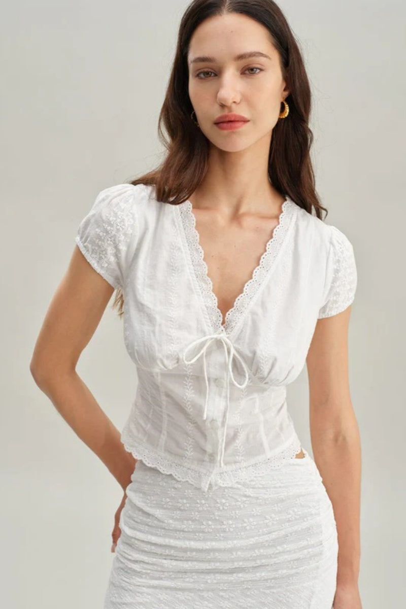 White Textured Cap Sleeve Top-ROVOLE