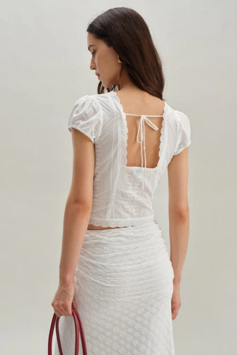White Textured Cap Sleeve Top-ROVOLE