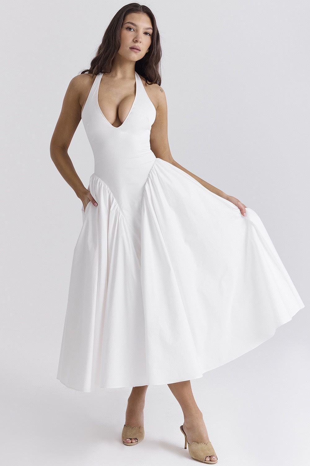 White Cotton Halter Midi Sundress-ROVOLE