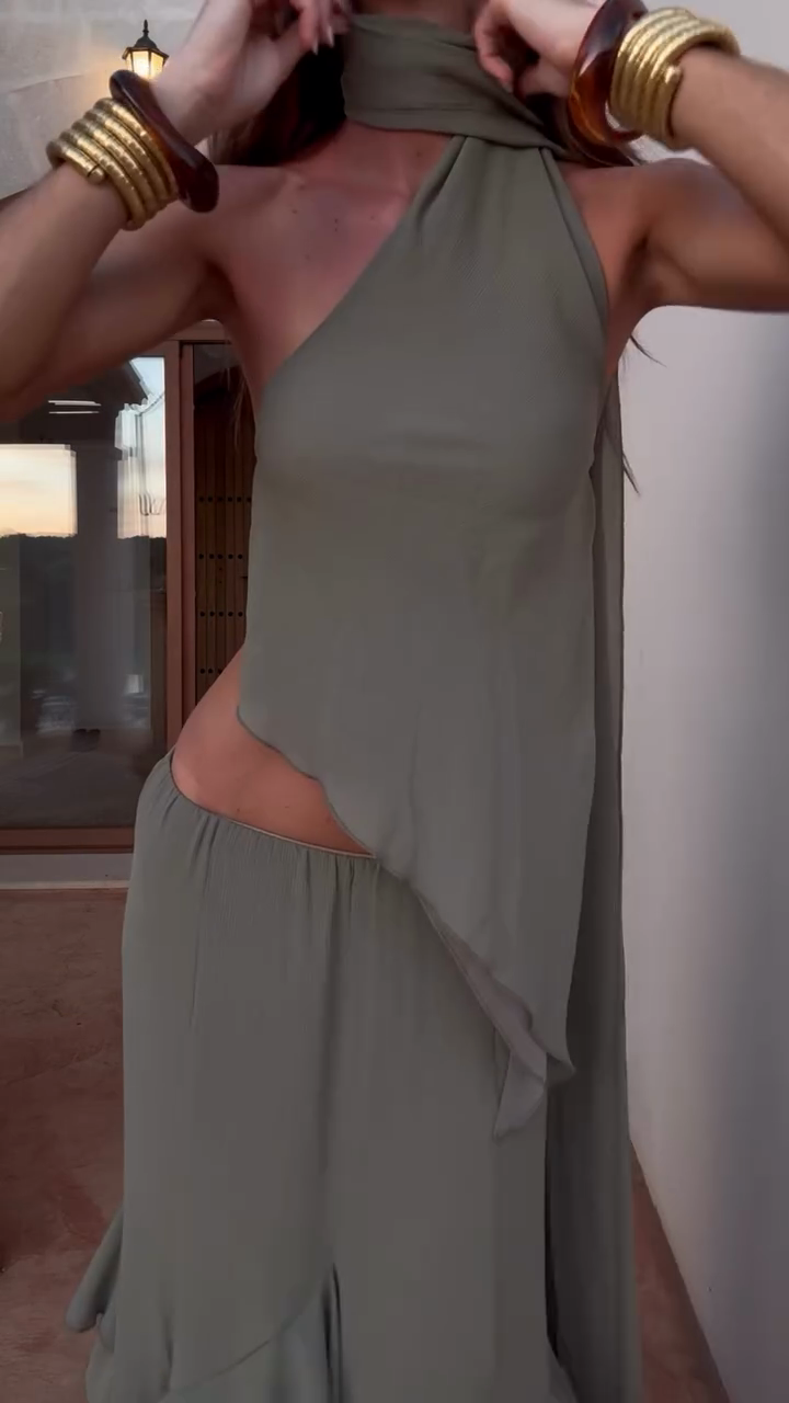 Olive Green Asymmetric Maxi Dress Set-ROVOLE
