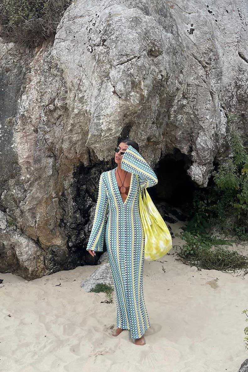 Boho V Neck Bell Sleeve Wavy Striped Crochet Beach Vacation Maxi Dress-ROVOLE
