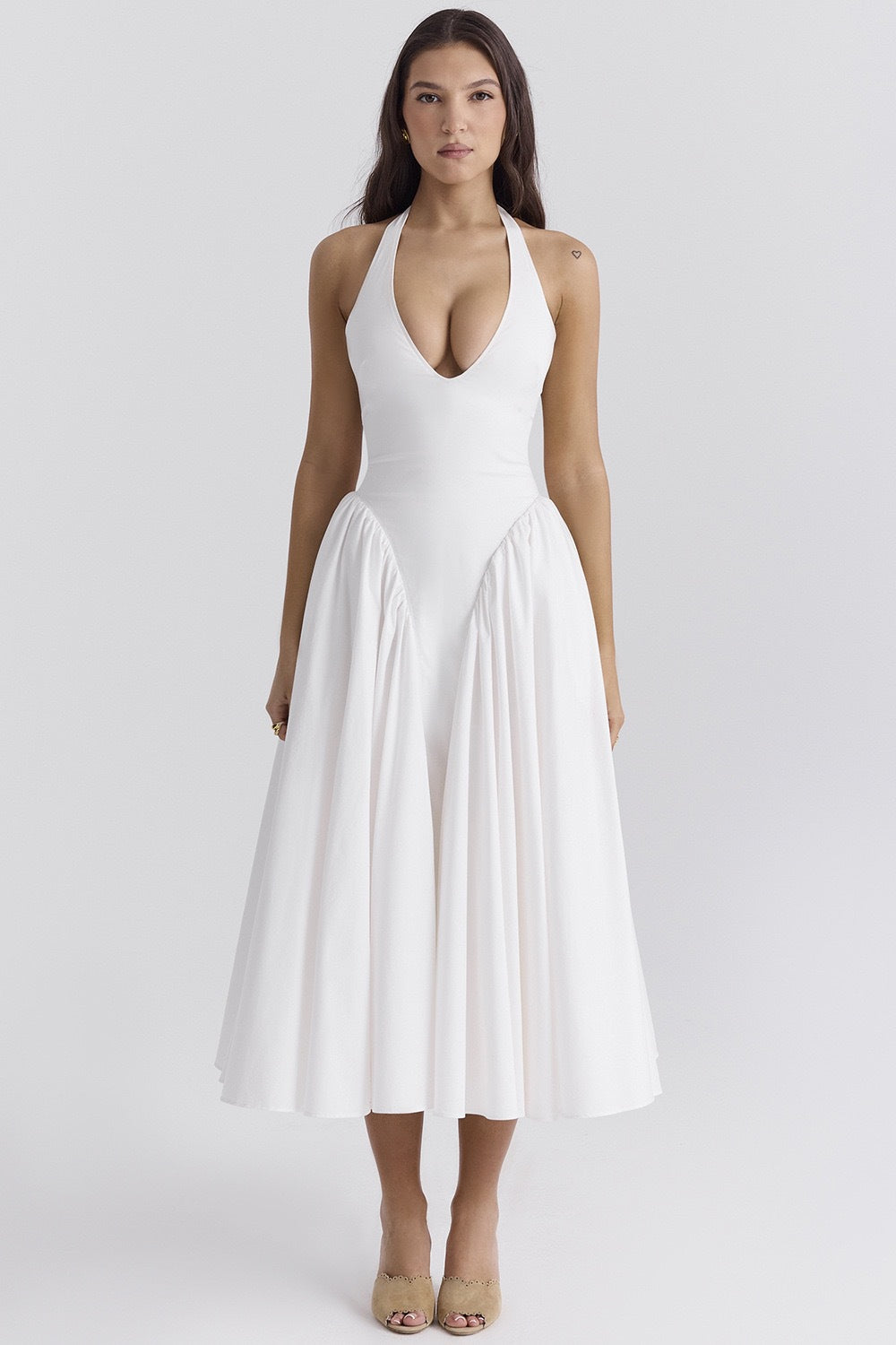 White Cotton Halter Midi Sundress-ROVOLE
