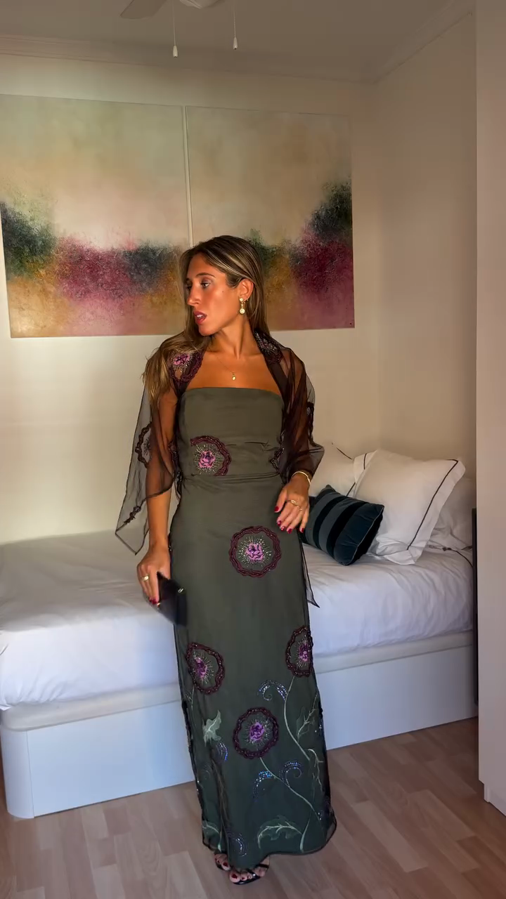Olive Green Strapless Maxi Dress with Floral Embroidery