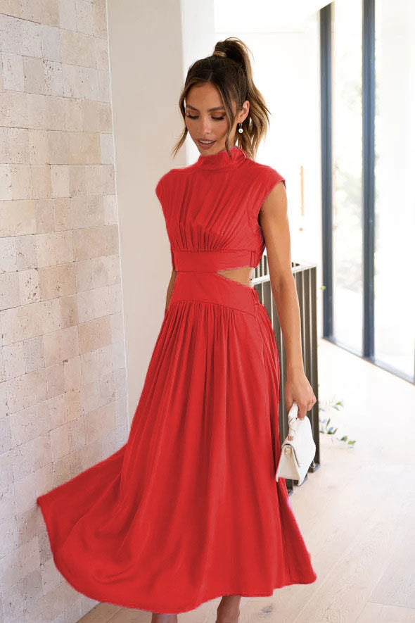 Cutout Waist Pocketed Vacation Midi Dress-ROVOLE