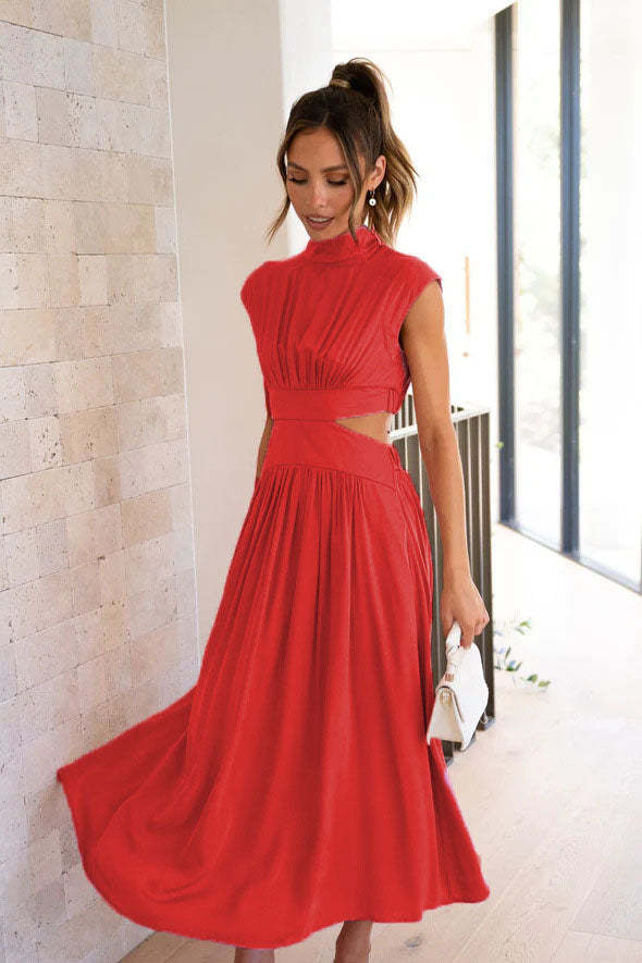 Cutout Waist Pocketed Vacation Midi Dress-ROVOLE