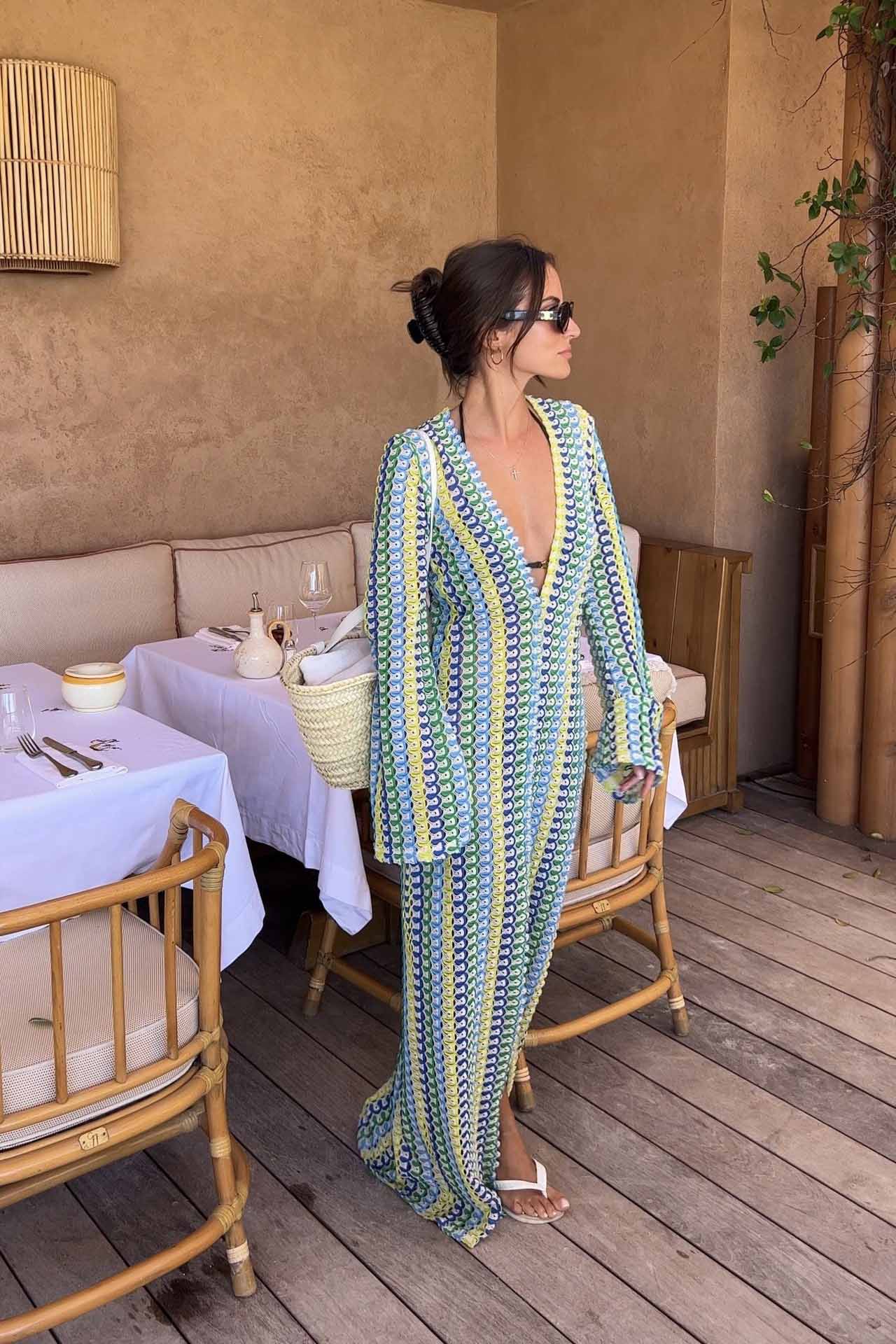 Boho V Neck Bell Sleeve Wavy Striped Crochet Beach Vacation Maxi Dress-ROVOLE