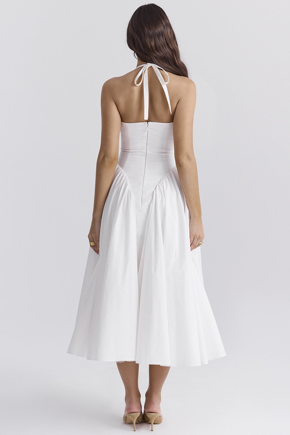 White Cotton Halter Midi Sundress-ROVOLE