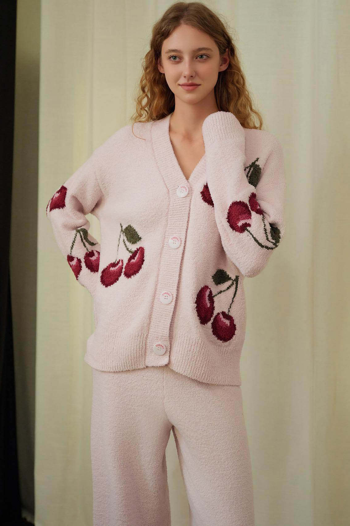 Soft Half Velvet Cherry Cardigan Pajama Set-ROVOLE