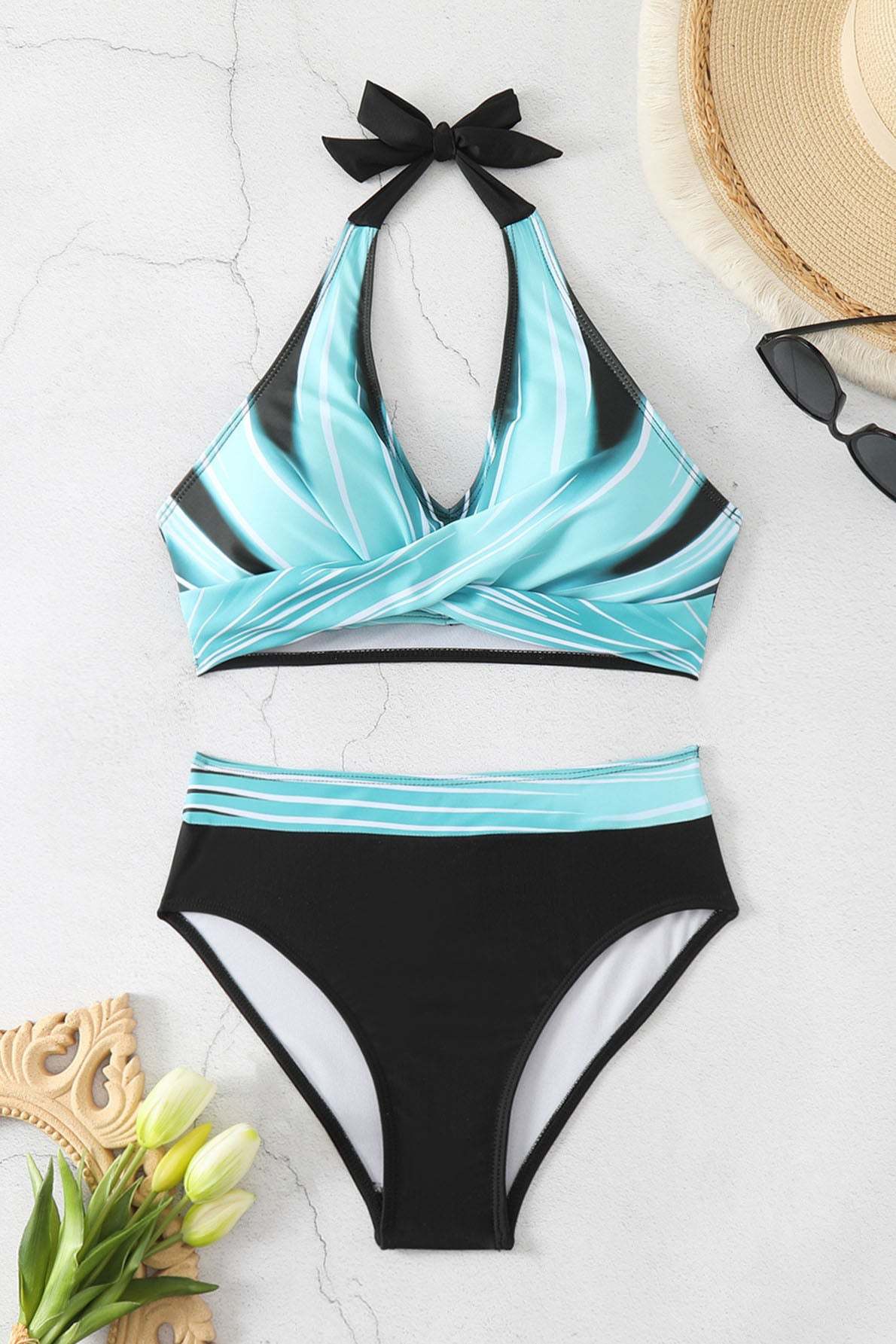 Colorblock Halter Bikini Swimwear-ROVOLE