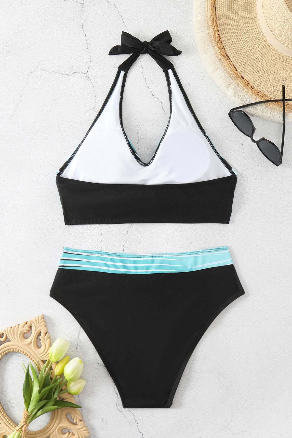 Colorblock Halter Bikini Swimwear-ROVOLE