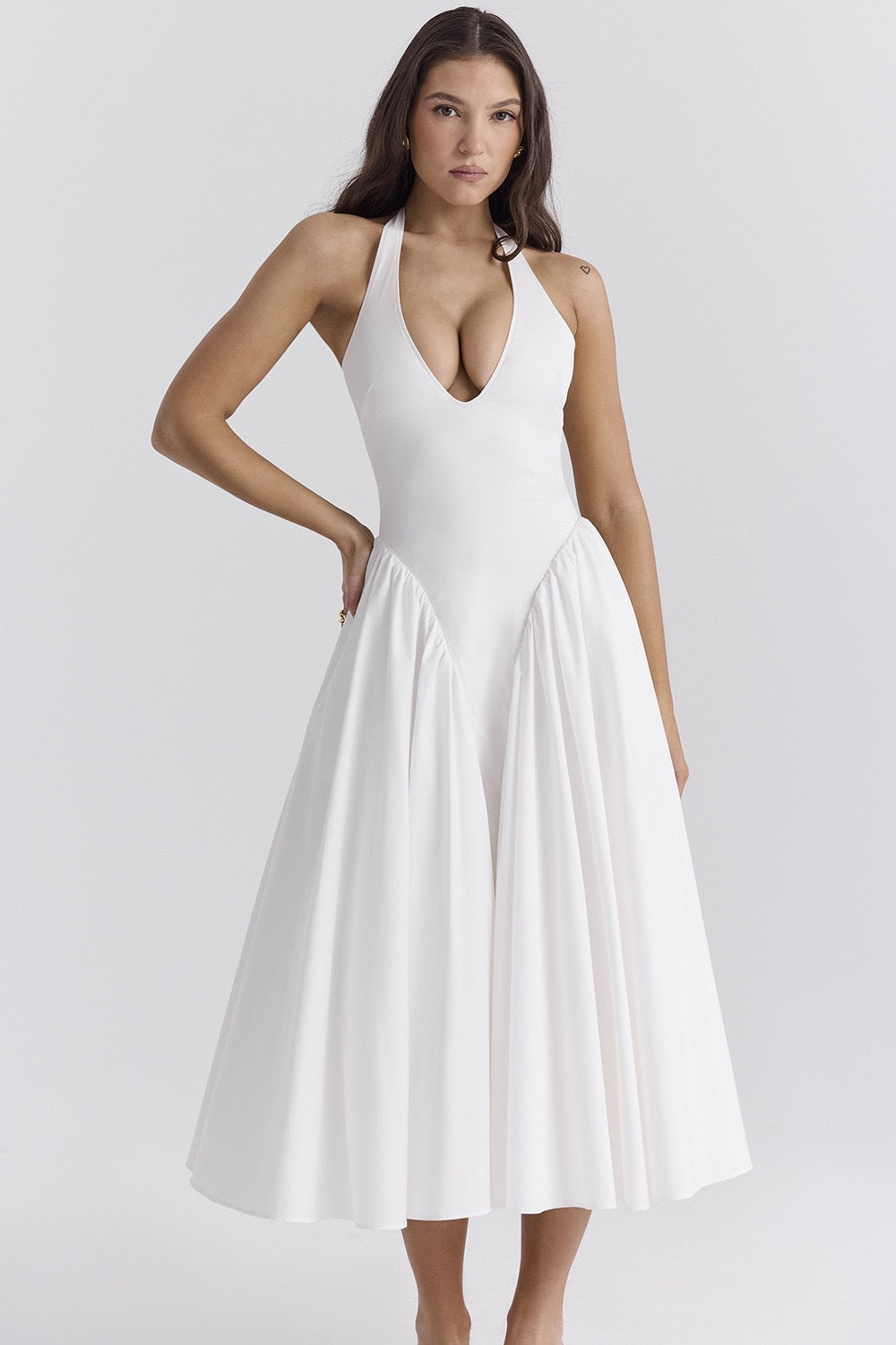 White Cotton Halter Midi Sundress-ROVOLE